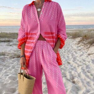Pink Oversized Women's Long Sleeve Sardine Print Vacation Set